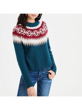 American Eagle Fair Isle Yoke Sweater - Teal Blue - Size M - Cotton Blend